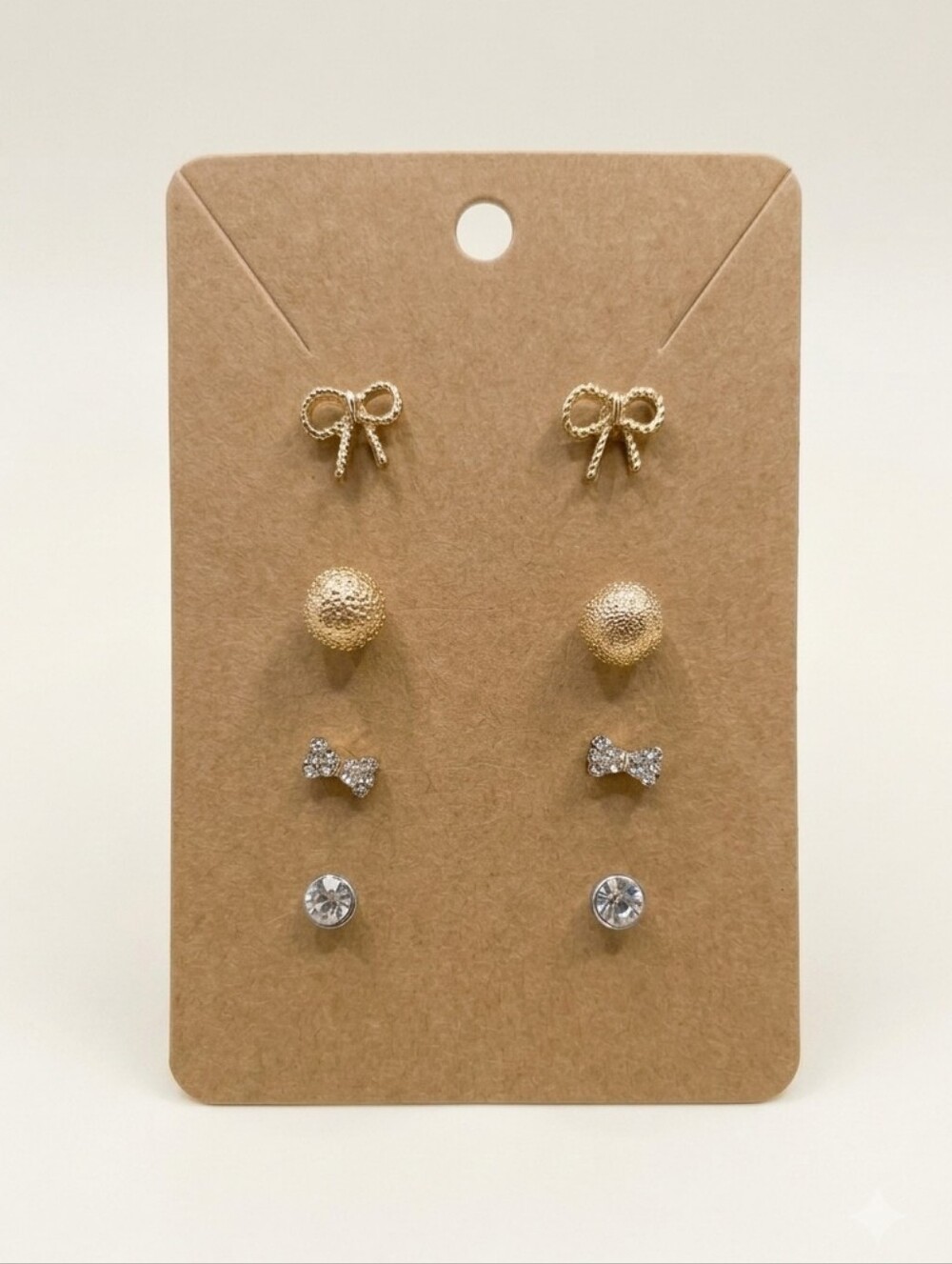 Gold & Silver Tone Bow Ball Rhinestone Stud Earrings Set 4 Pairs Dainty Jewelry